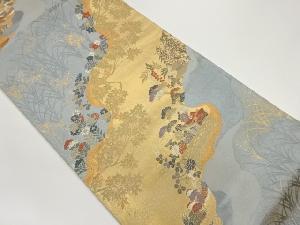 道長取りに秋草・鴛鴦・御所車模様織出し袋帯